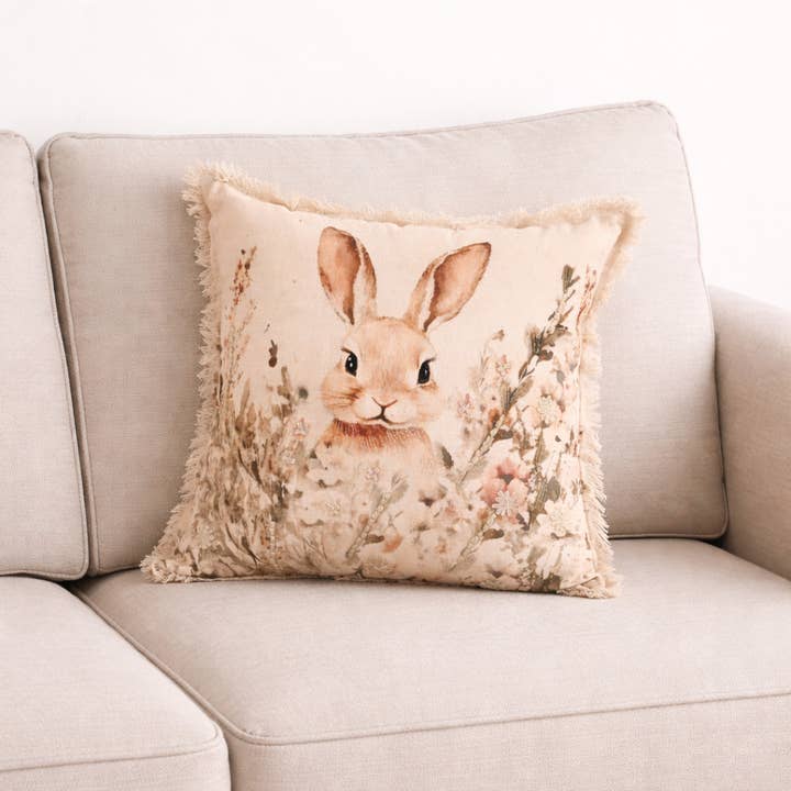 Embroidered Cotton Cushion- Bunny Floral Design- 45x45 cm