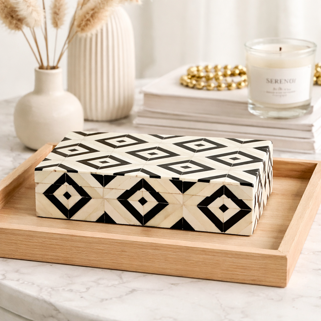 Handcrafted Bone Inlay Geometric Card Box White