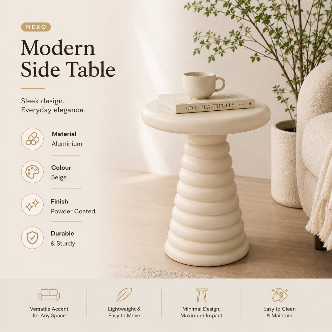 Modern Aluminium Side Table | Beige Sculptural Accent Table