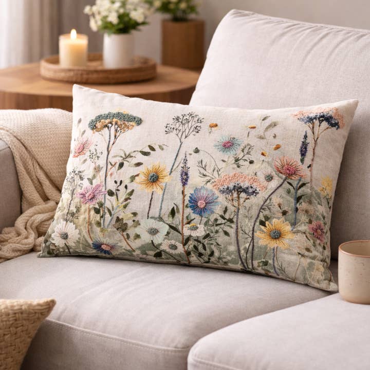 Spring Botanical Embroidered Lumbar Cushion-40x60 cm