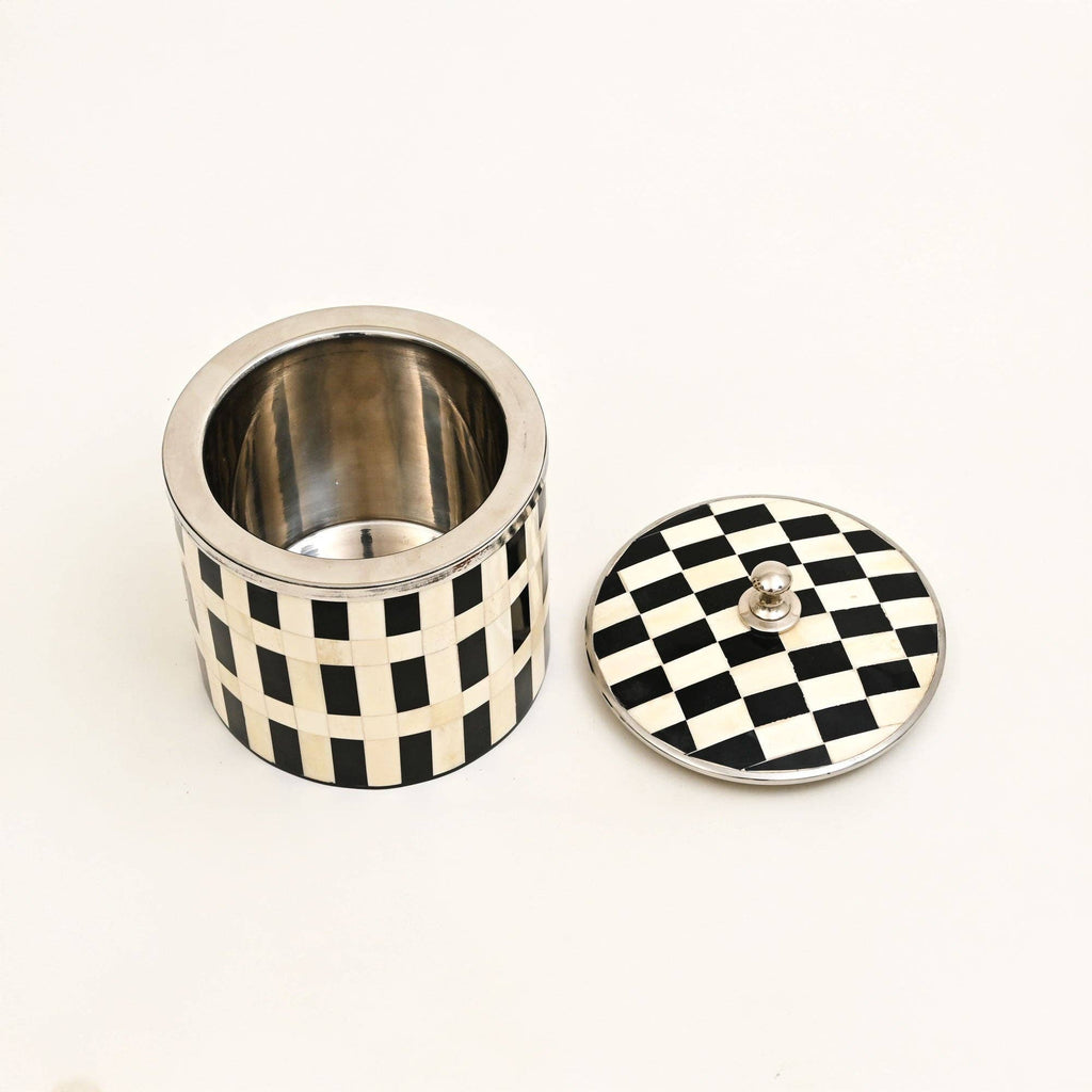 Handcrafted Bone Inlay Checkered Ice Bucket with Lid White