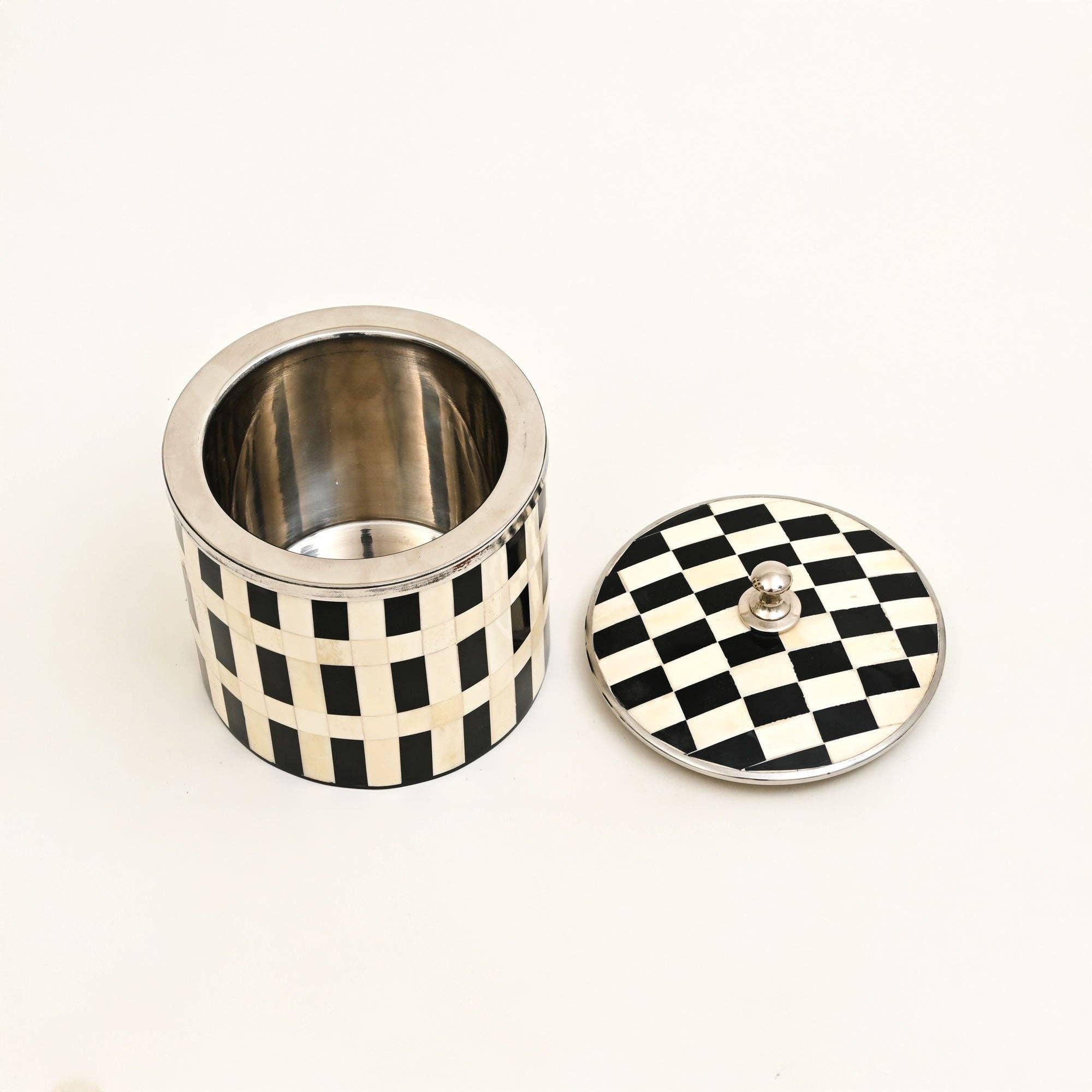 Handcrafted Bone Inlay Checkered Ice Bucket with Lid White