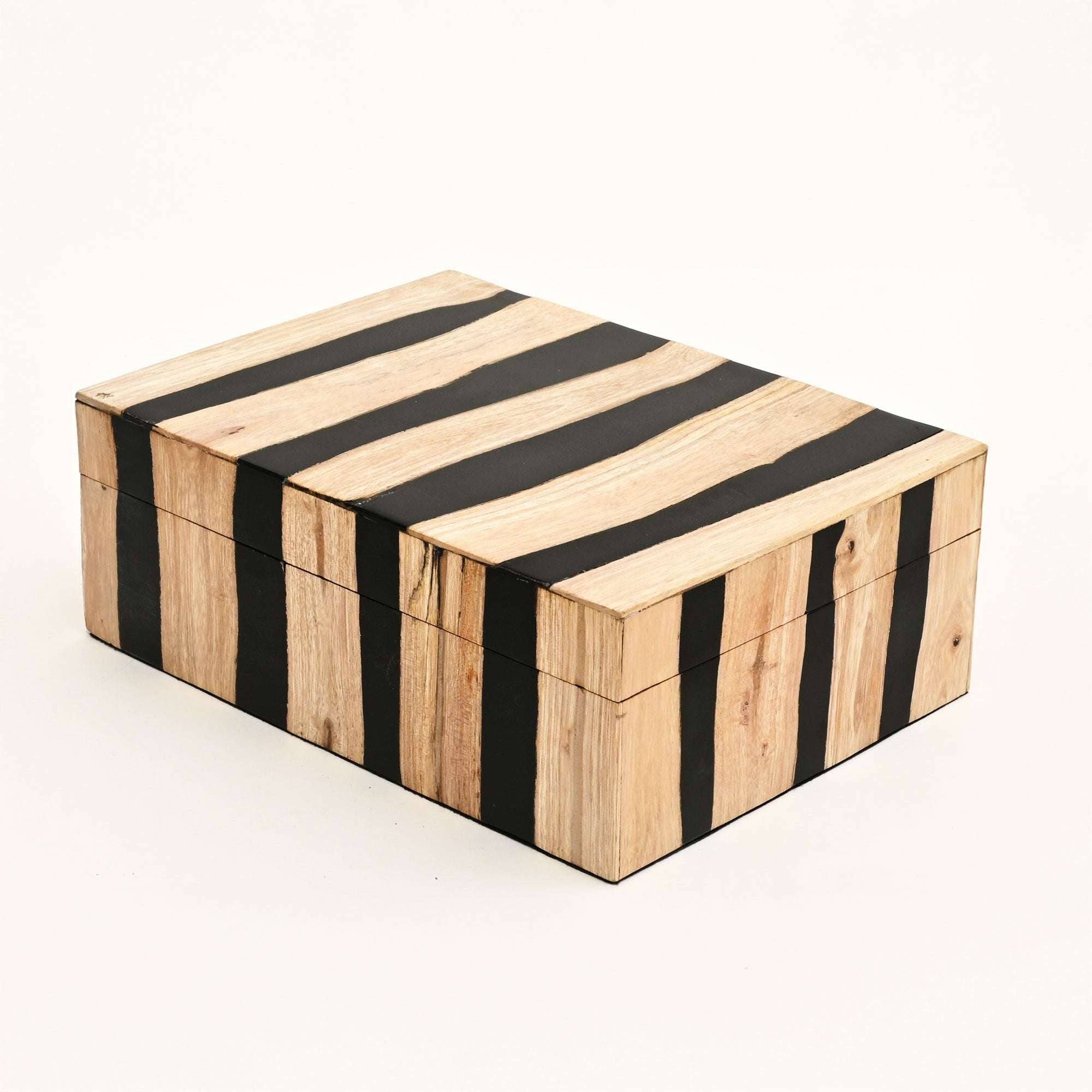 Handcrafted Black Striped Wooden Box Natural Brown Decor