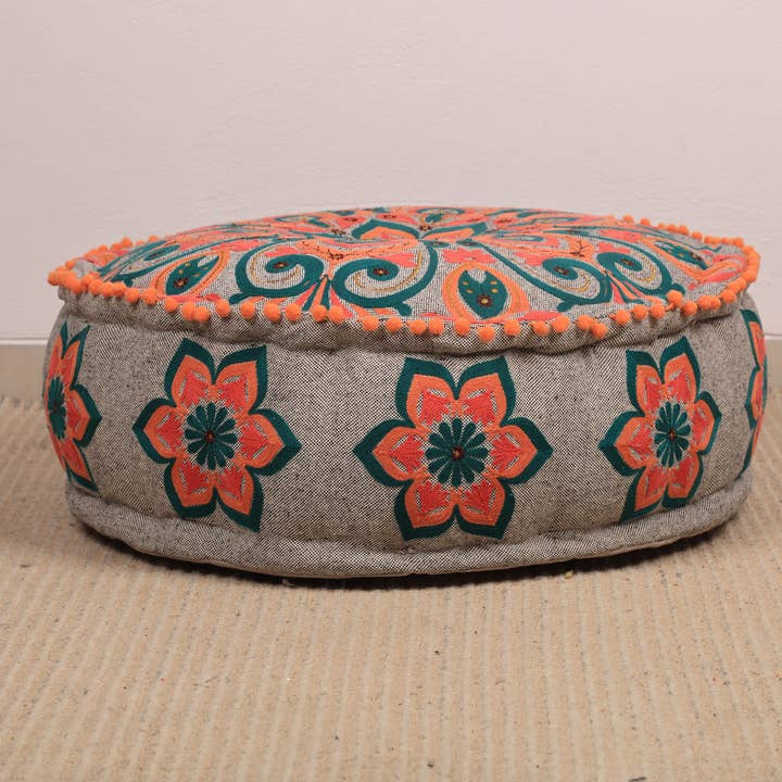 Mandala Embroidered Cotton Floor Cushion 60cm