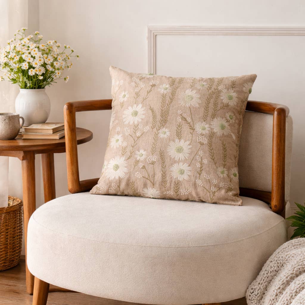 Floral Embroidered Cotton Cushion- Jasmine Design- 45x45 cm