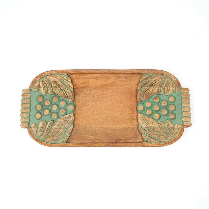 Green Wash Carved Grapes Wooden Serving Board