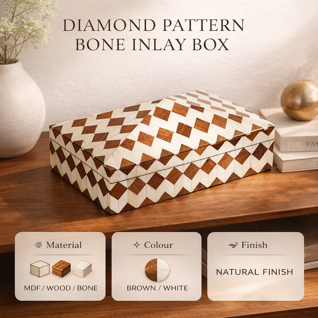 Handcrafted Diamond Pattern Bone Inlay Storage Box Brown