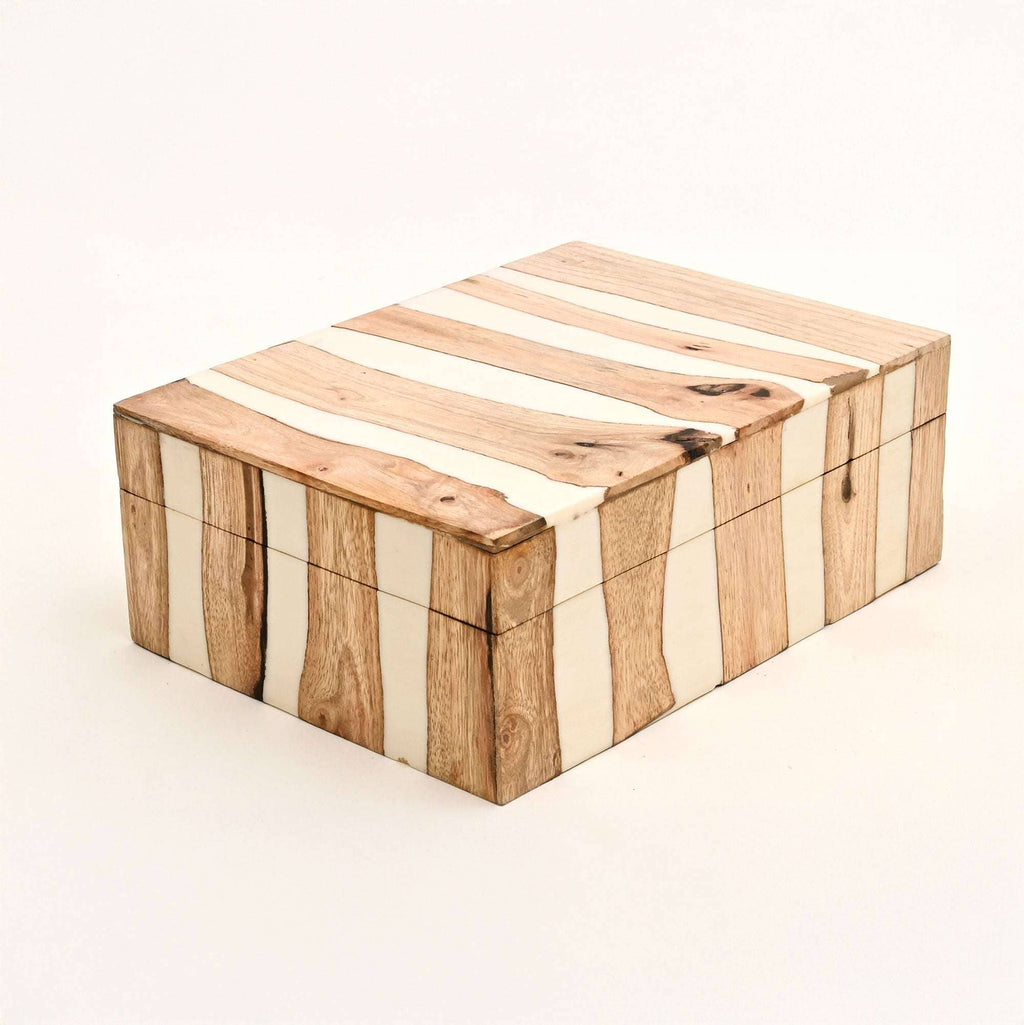 Handcrafted White Striped Wooden Box Brown Natural Finish