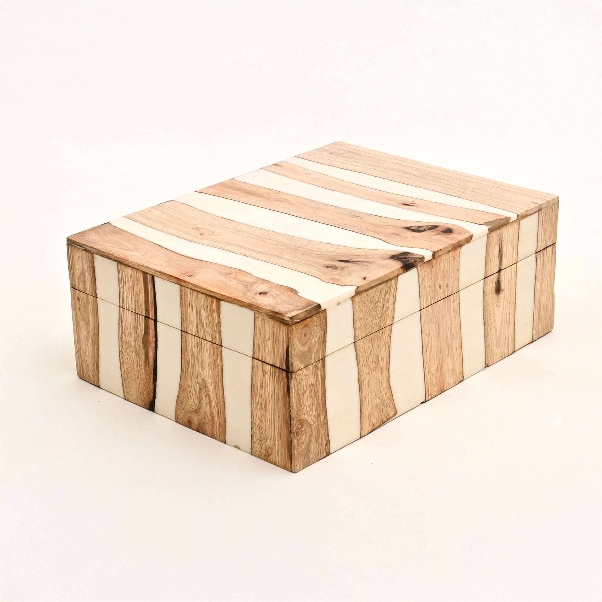 Handcrafted White Striped Wooden Box Brown Natural Finish
