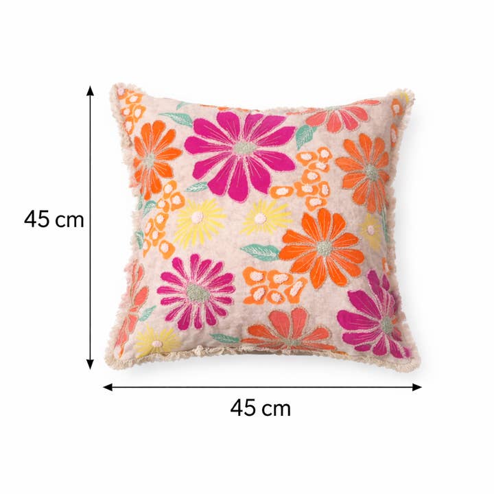 Embroidered Cotton Cushion- Neon Floral Design- 45x45 cm