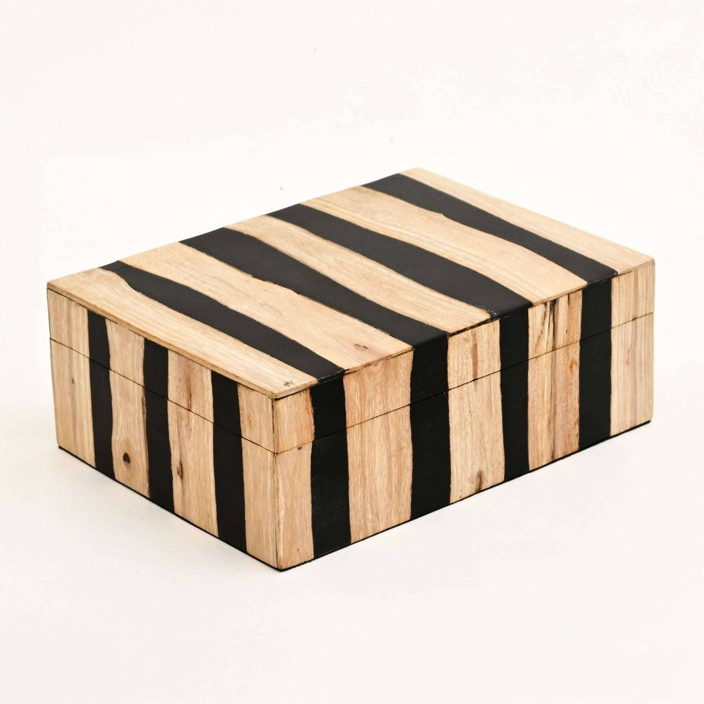 Handcrafted Black Striped Wooden Box Natural Brown Decor