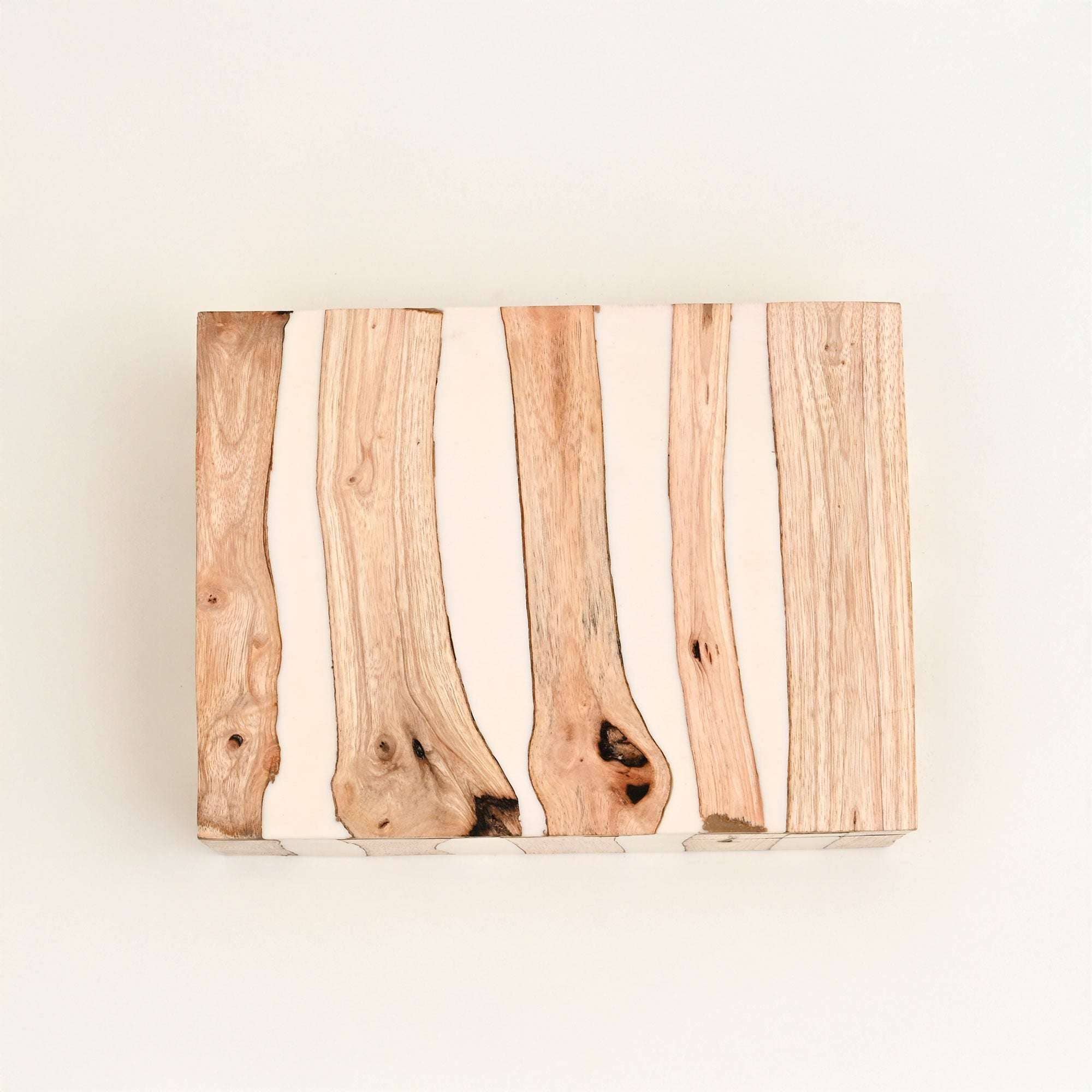 Handcrafted White Striped Wooden Box Brown Natural Finish