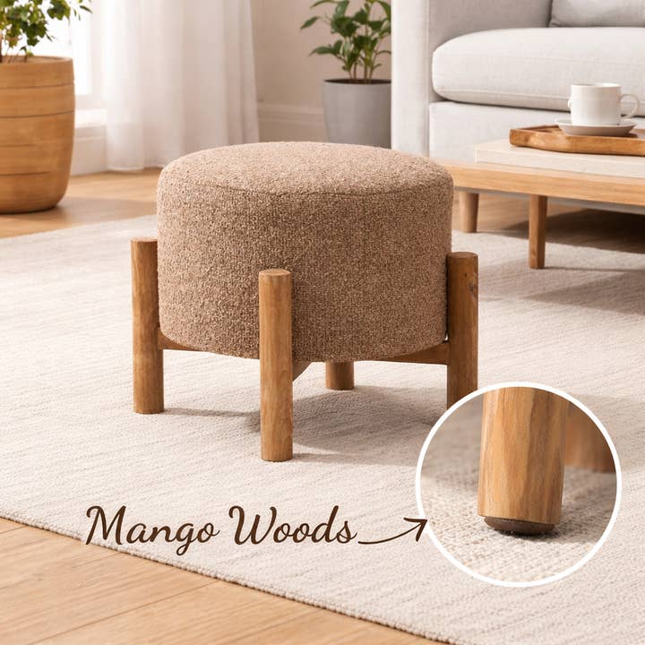 Brown Boucle Round Stool with Wooden Legs 40cm