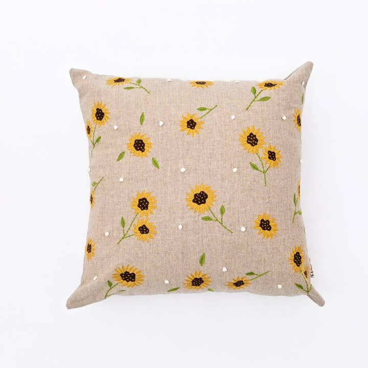 Embroidered Cotton Cushion- Sunflower Design- 45x45 cm