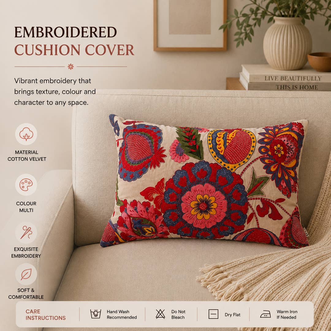 Boho Embroidered Cotton Velvet Lumbar Cushion -40×60 cm