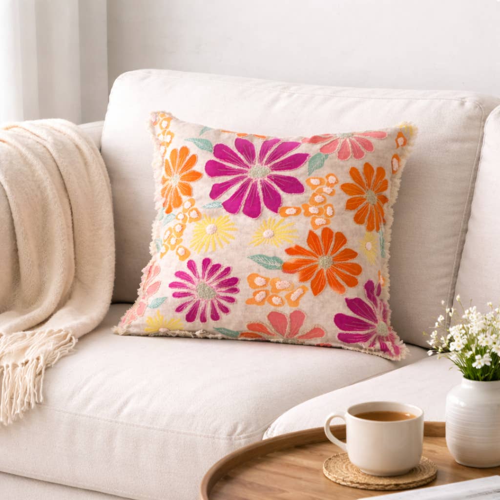 Embroidered Cotton Cushion- Neon Floral Design- 45x45 cm