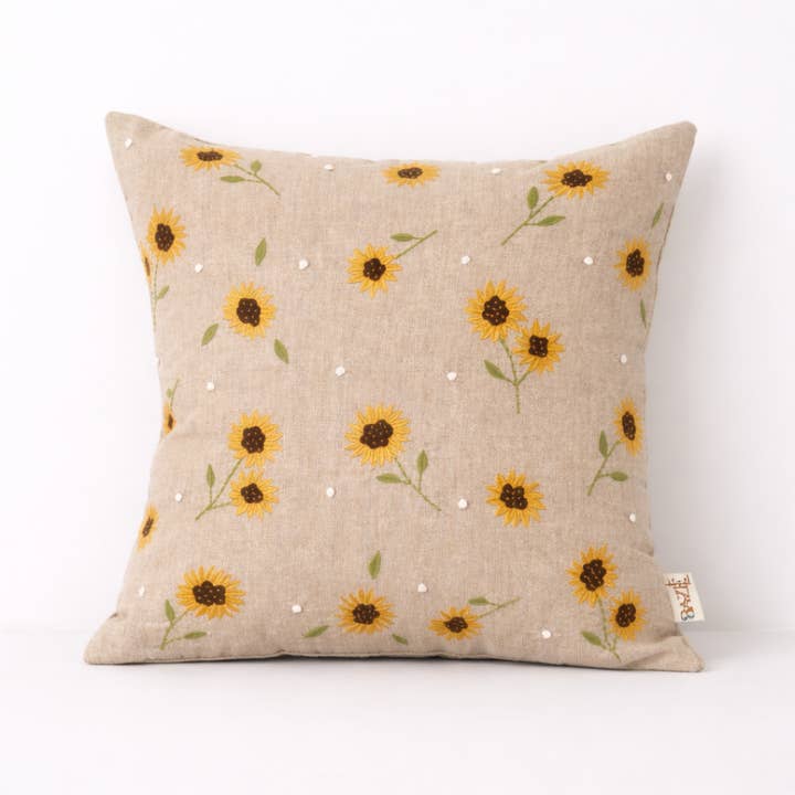Embroidered Cotton Cushion- Sunflower Design- 45x45 cm