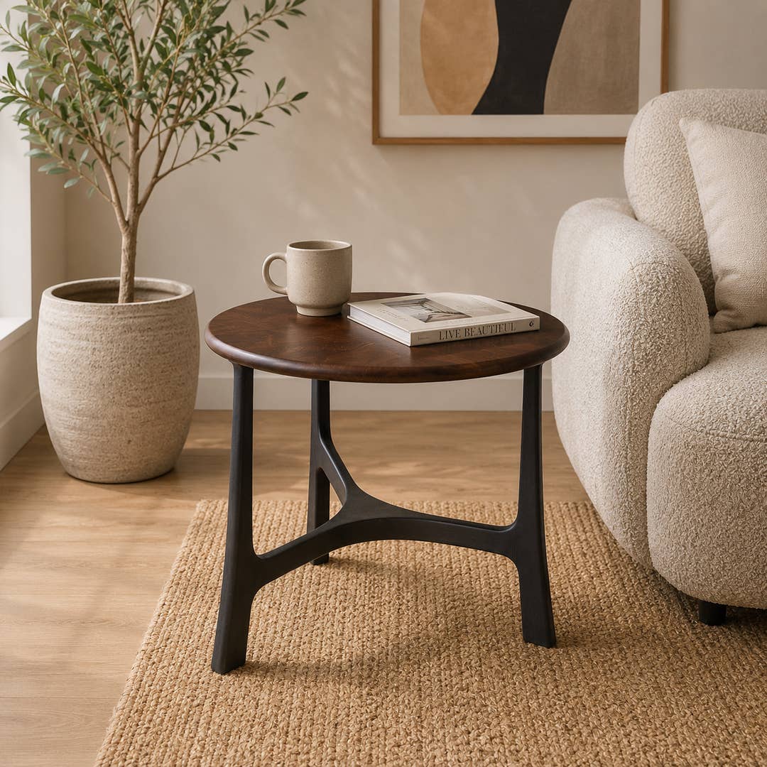 Round Wood Coffee Table with Black Metal Base| Modern Design