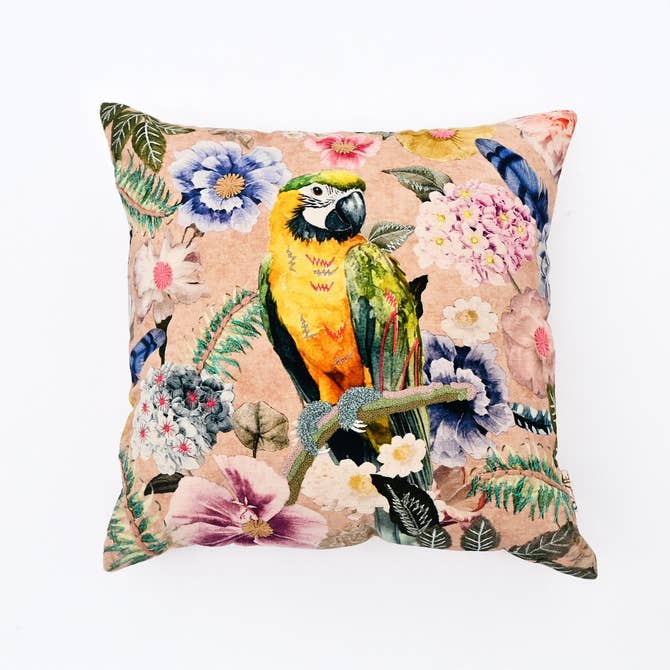 Tropical Parrot Floral Cushion- Cotton Embroidered 45x45cm