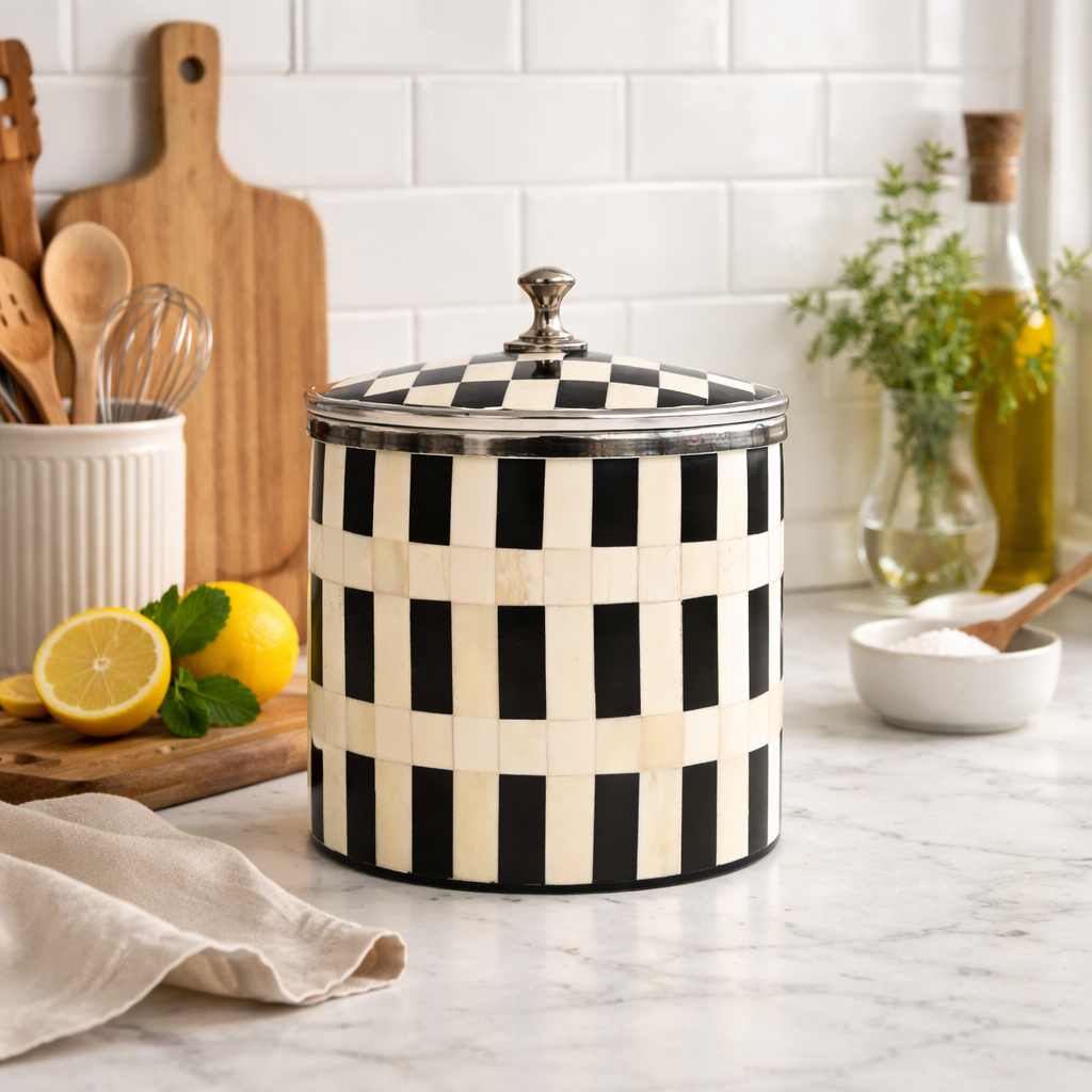 Handcrafted Bone Inlay Checkered Ice Bucket with Lid White