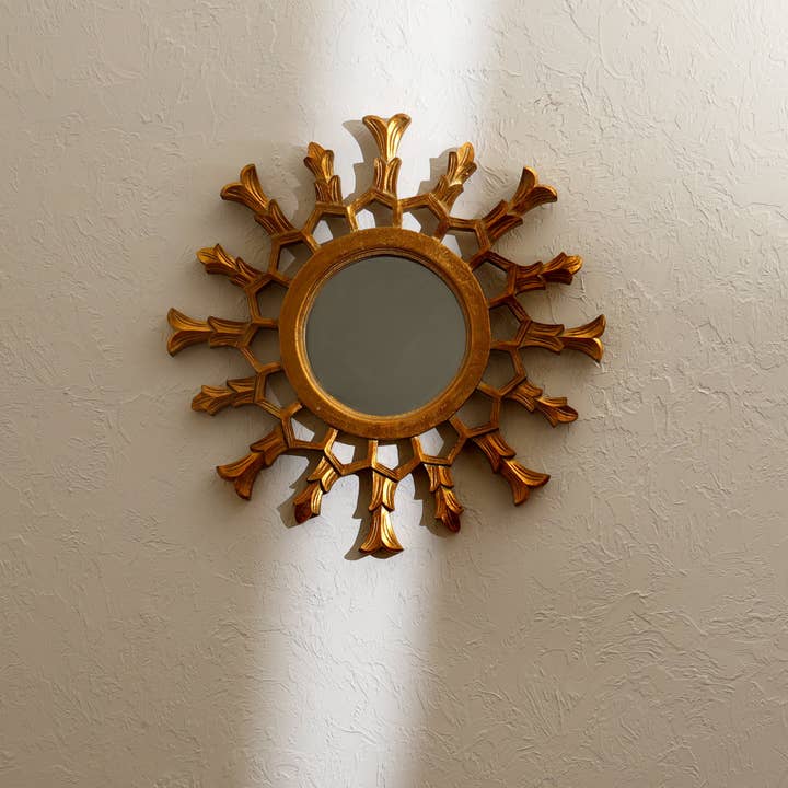 Hand-Carved Metallic Wood Sunburst Wall Mirror