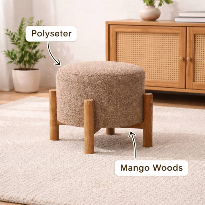 Brown Boucle Round Stool with Wooden Legs 40cm