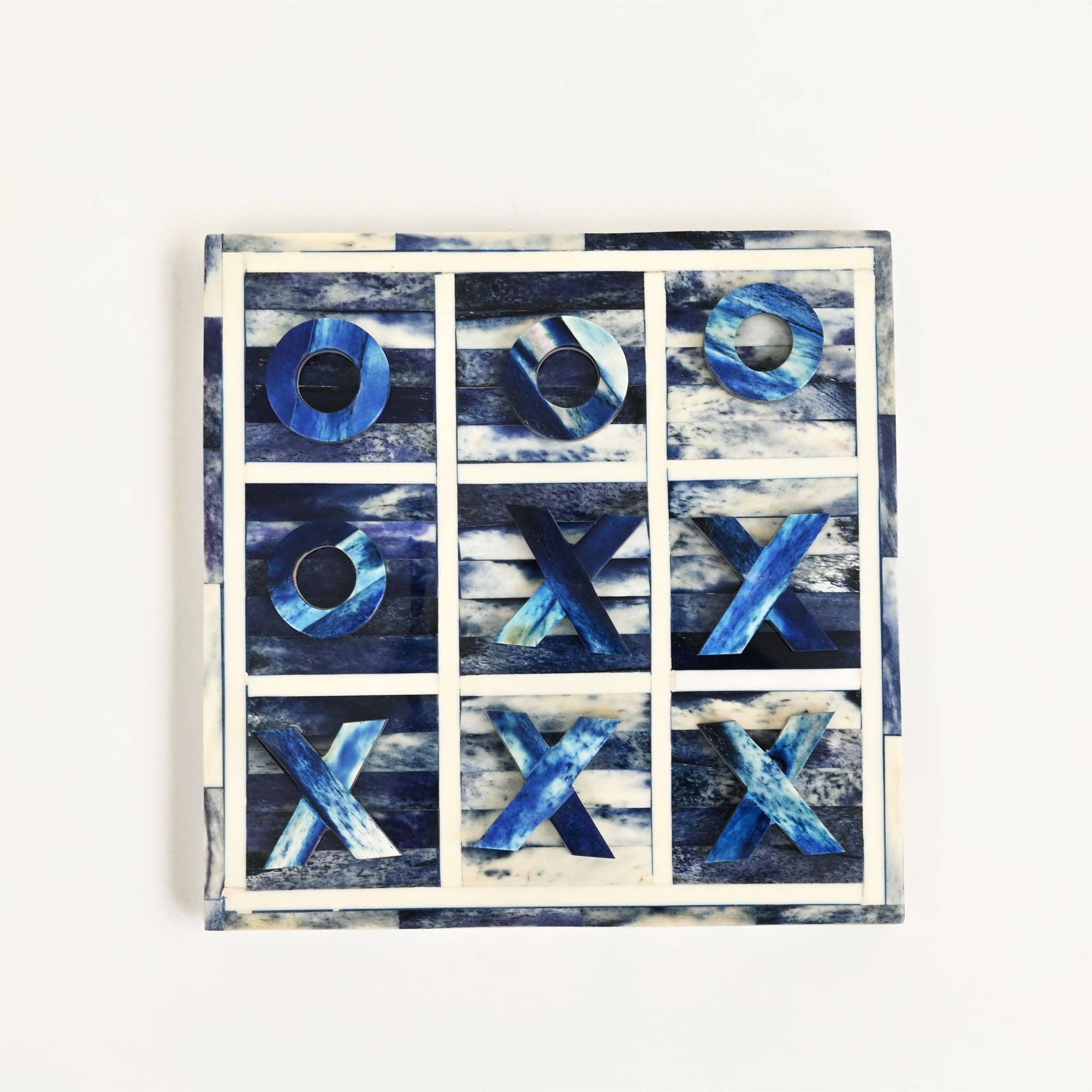 Handcrafted Blue Bone Inlay Tic Tac Toe Game Decor Set
