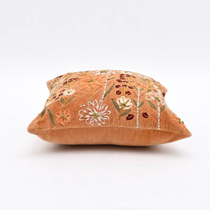 Peach Floral Embroidered Cotton Velvet Cushion 45x45 cm