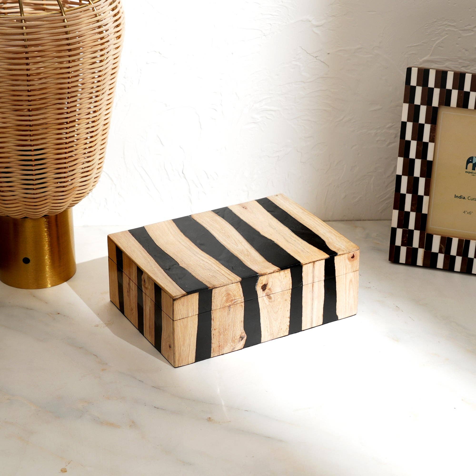 Handcrafted Black Striped Wooden Box Natural Brown Decor
