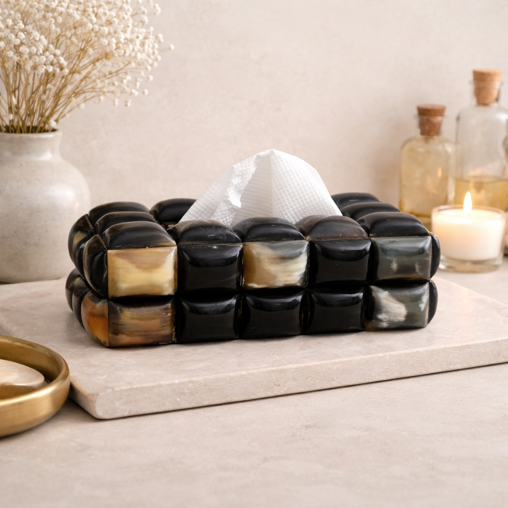 Handcrafted Black Horn Inlay Bubble Tissue Box Cover Decor