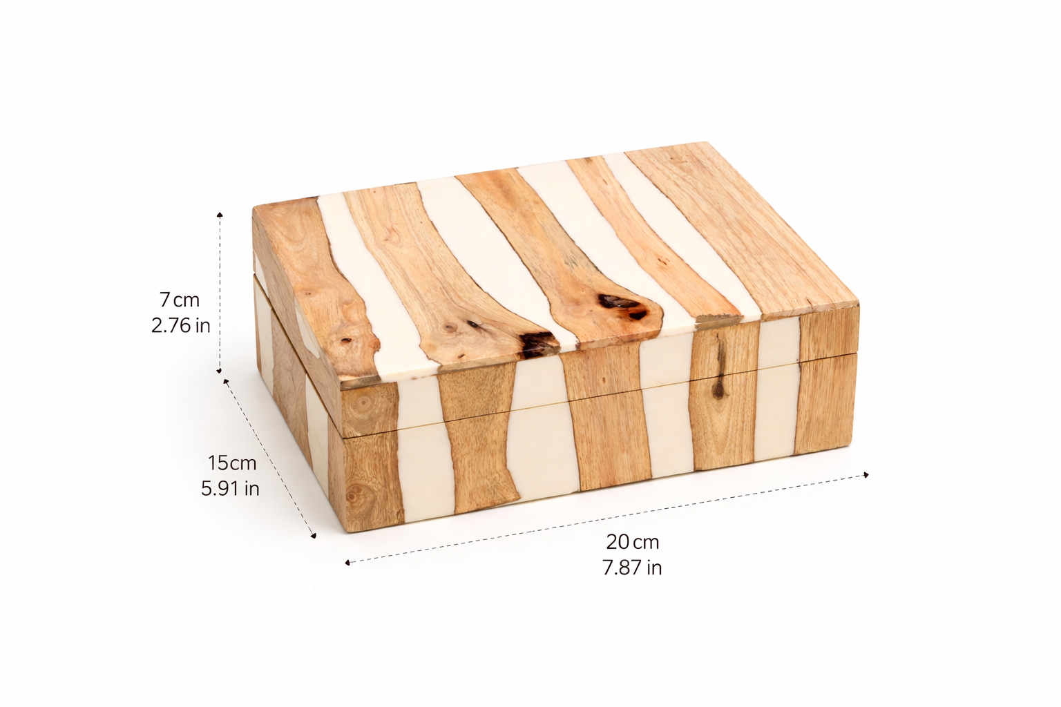 Handcrafted White Striped Wooden Box Brown Natural Finish