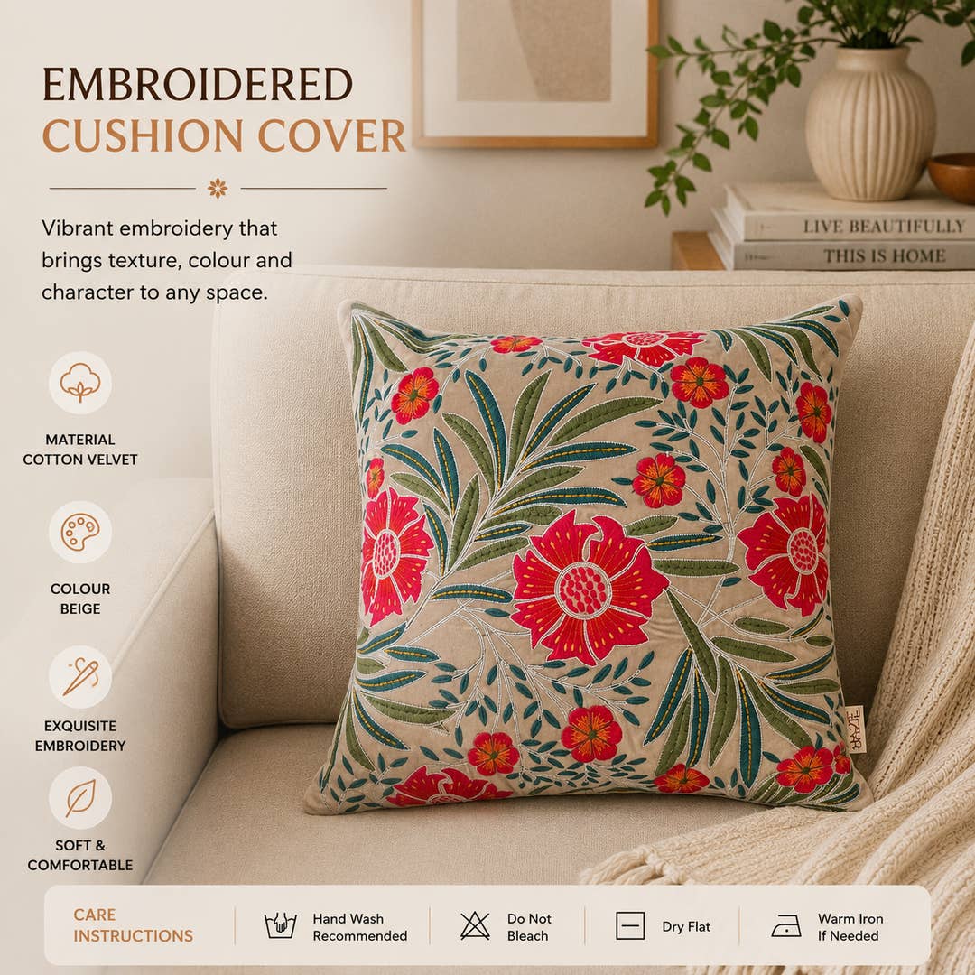 Botanical Floral Cotton Velvet Cushion - 45×45 cm
