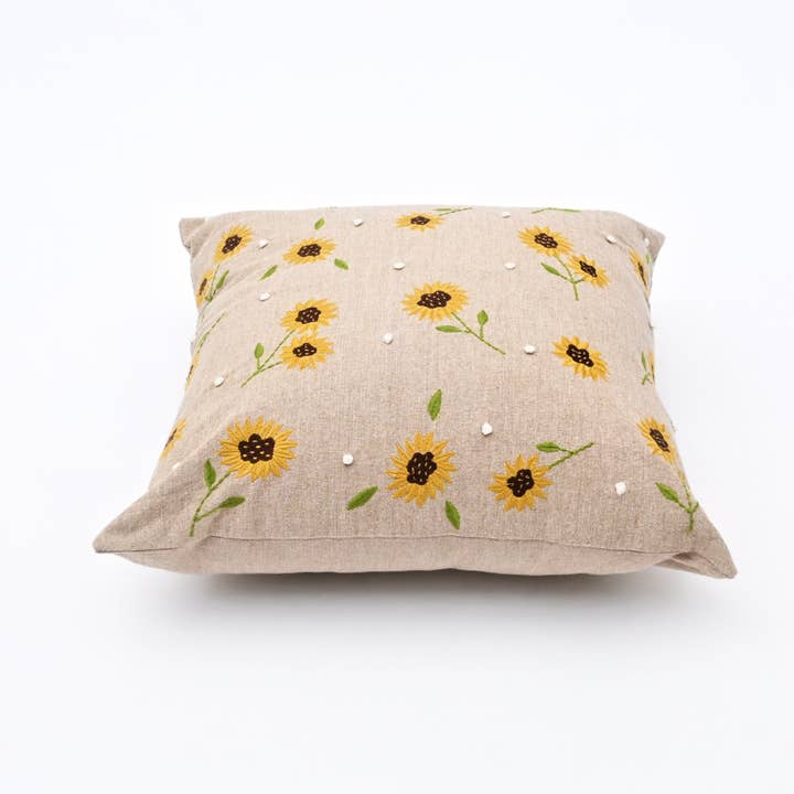 Embroidered Cotton Cushion- Sunflower Design- 45x45 cm