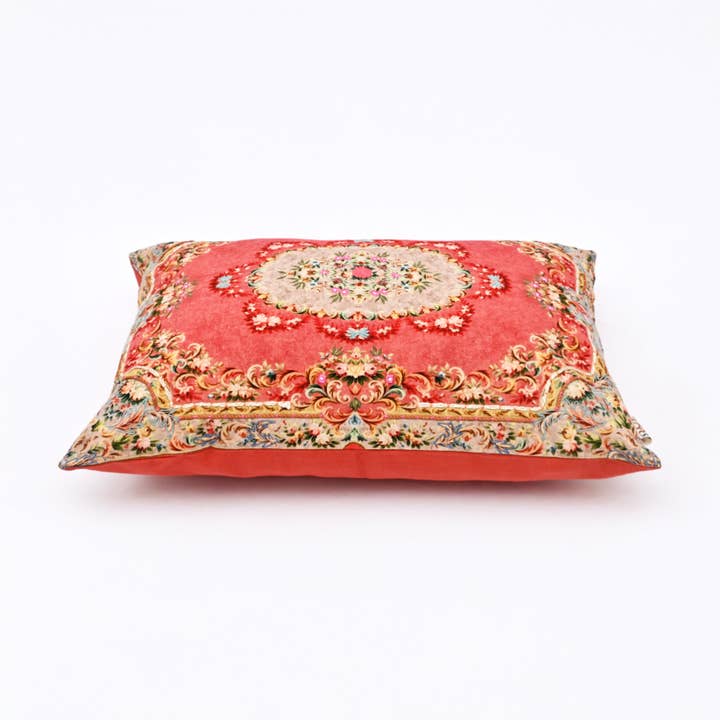 Floral Printed & Embroidered Cotton Lumbar Cushion- 40x60 cm