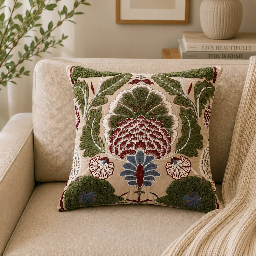 Hand-Embroidered Cotton Velvet Cushion 45×45 cm