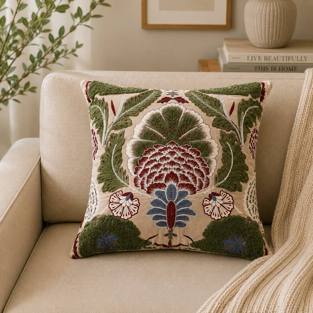 Hand-Embroidered Cotton Velvet Cushion 45×45 cm