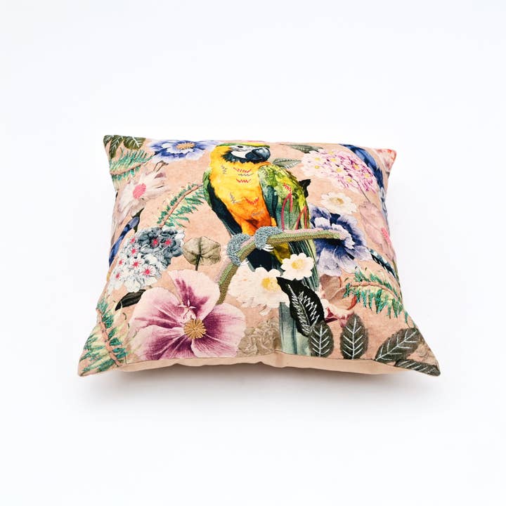 Tropical Parrot Floral Cushion- Cotton Embroidered 45x45cm