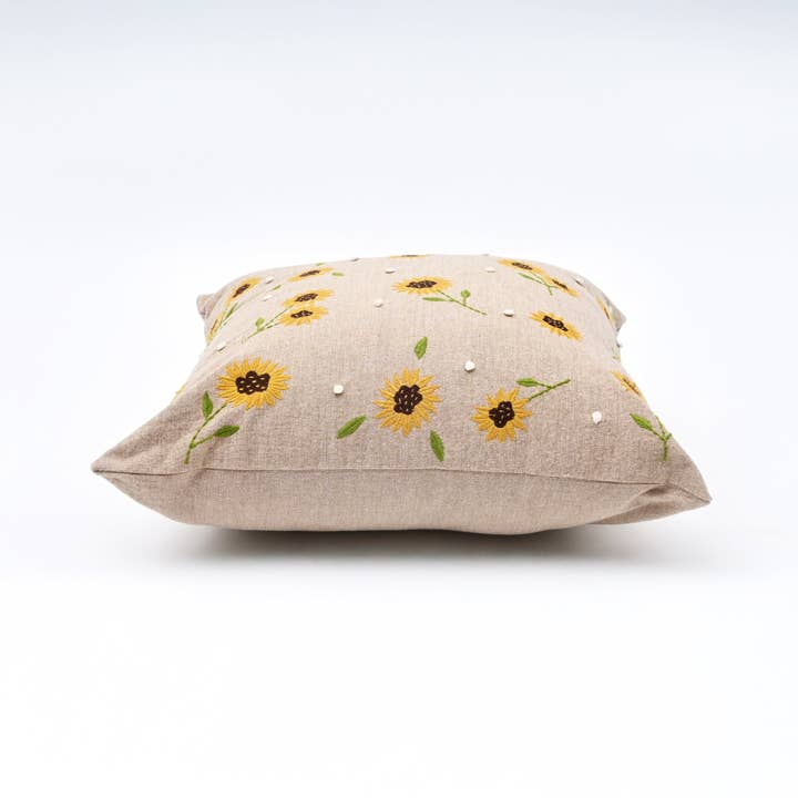 Embroidered Cotton Cushion- Sunflower Design- 45x45 cm