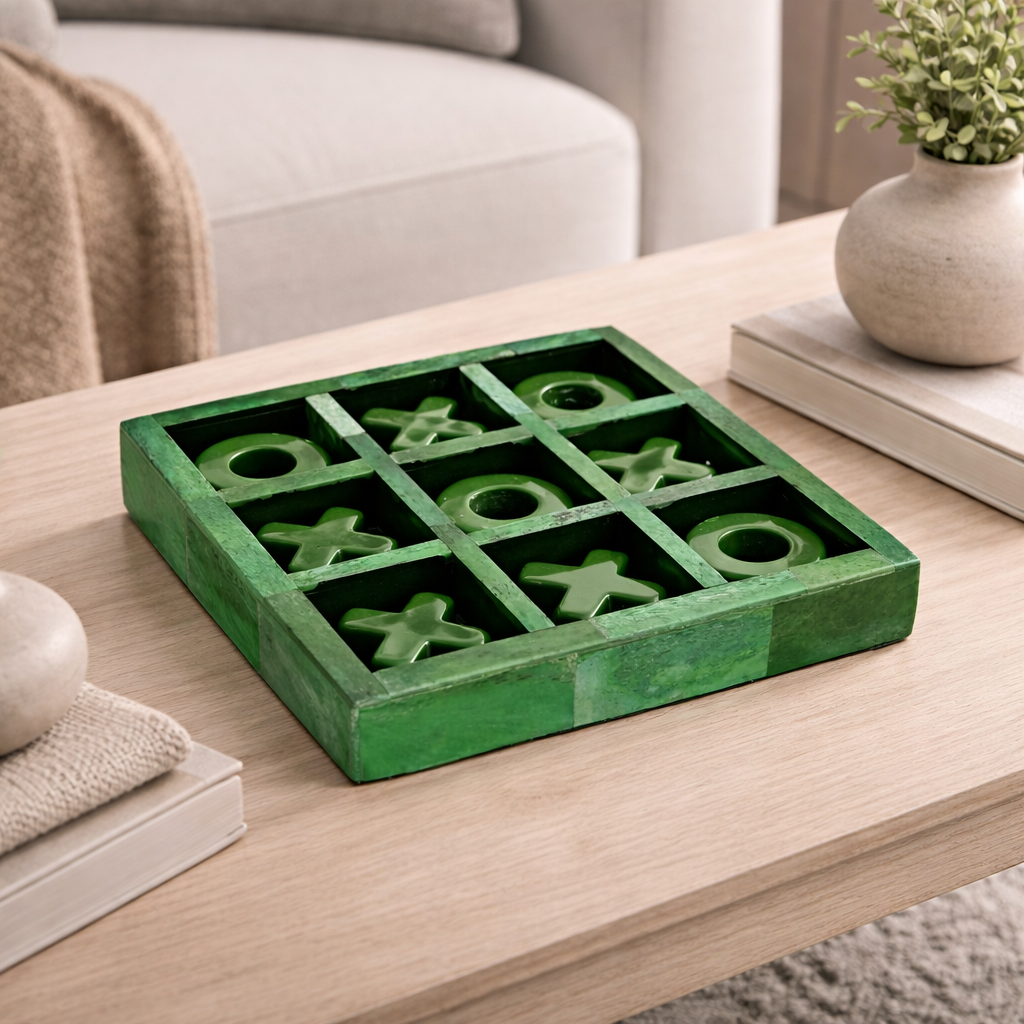 Green Resin Tic Tac Toe Game Set Handcrafted Decor Piece