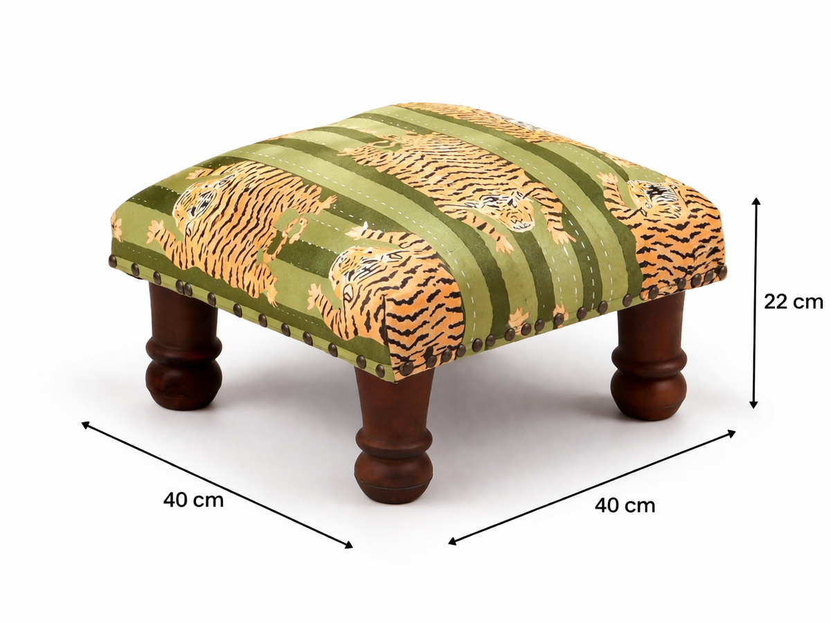 Jungle Stripe Cotton Footstool with Wood Legs, Green