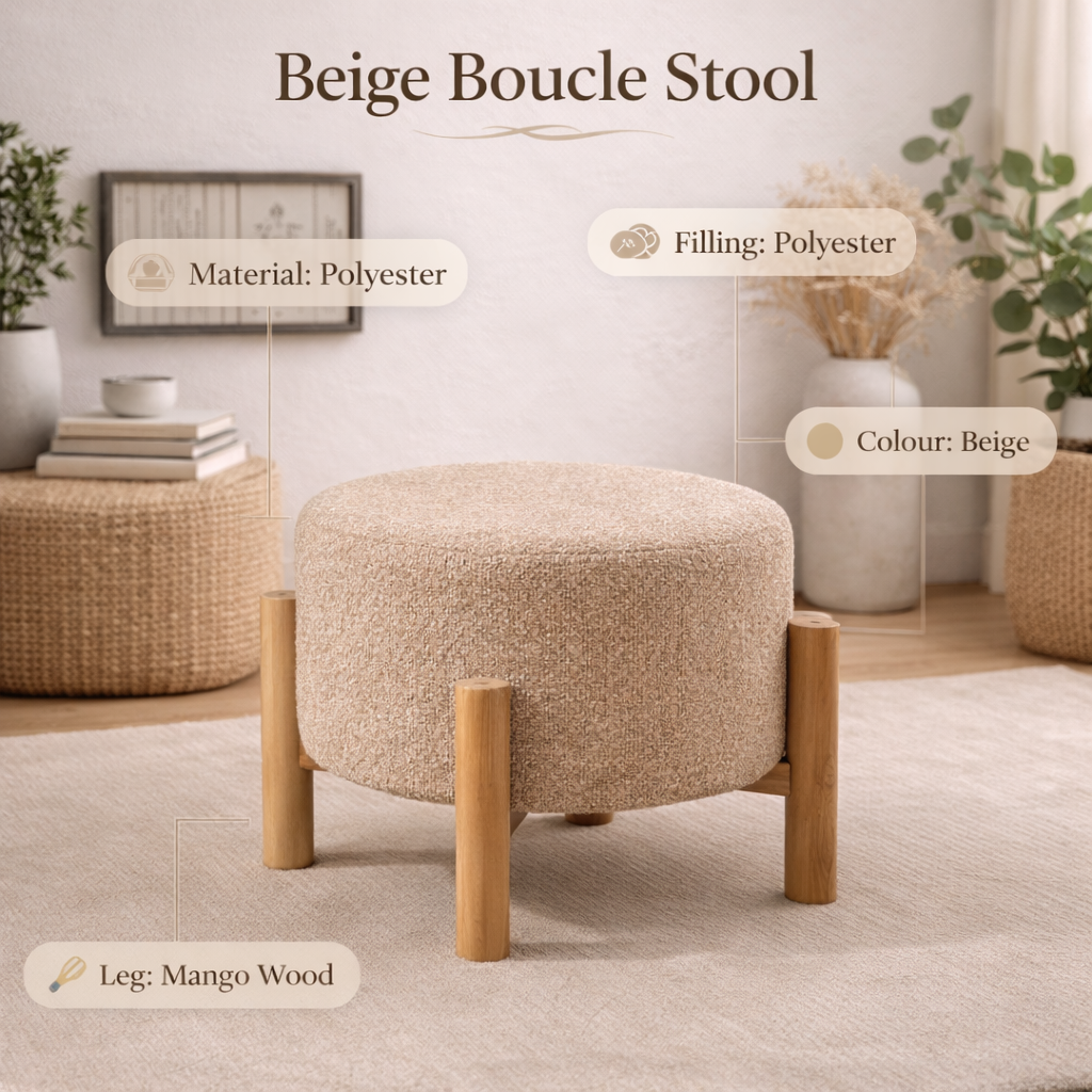 Brown Boucle Round Stool with Wooden Legs 40cm