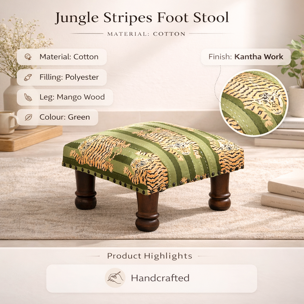 Jungle Stripe Cotton Footstool with Wood Legs, Green