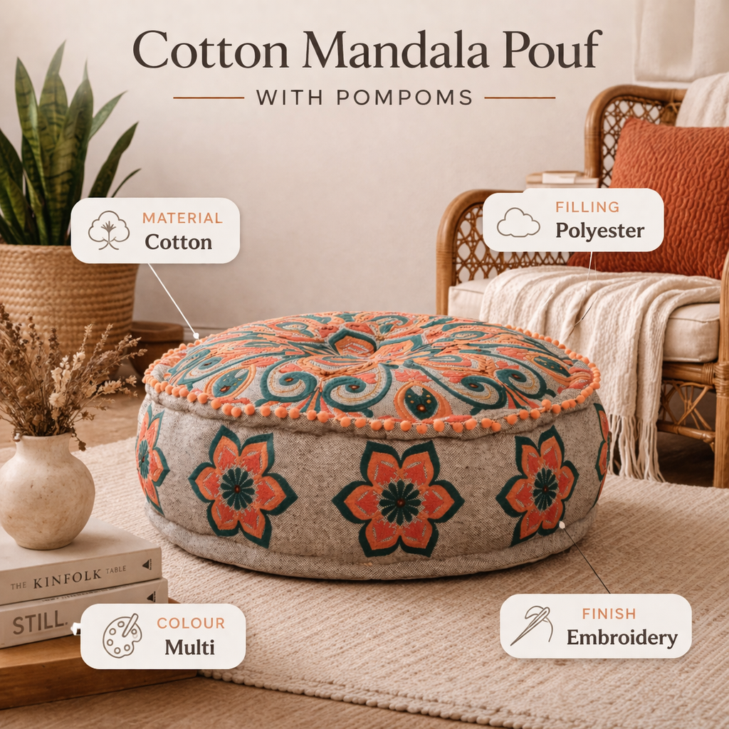 Mandala Embroidered Cotton Floor Cushion 60cm