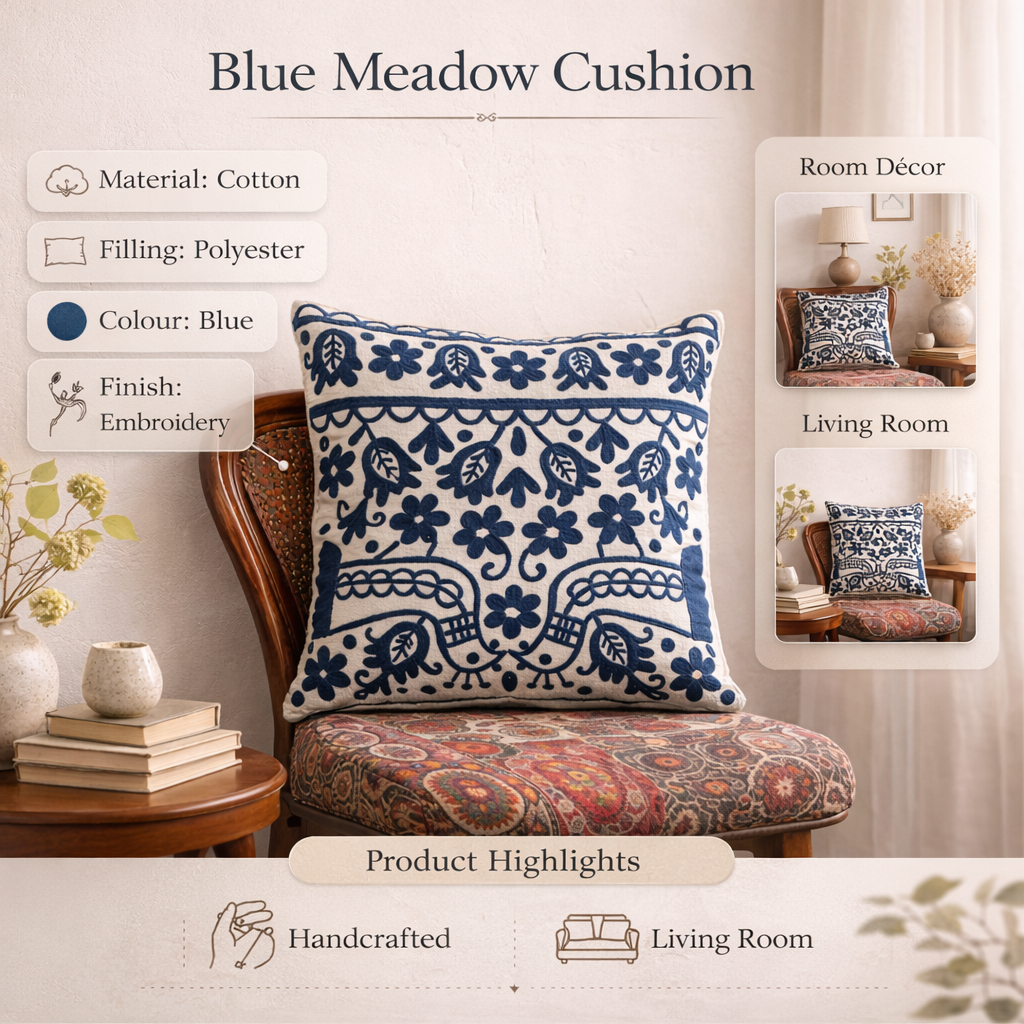Blue Embroidered Cotton Cushion with Filler 45x45cm