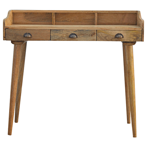 Handcrafted Solid Mango Wood Writing Desk – Oak-ish Finish, 3 Drawers
