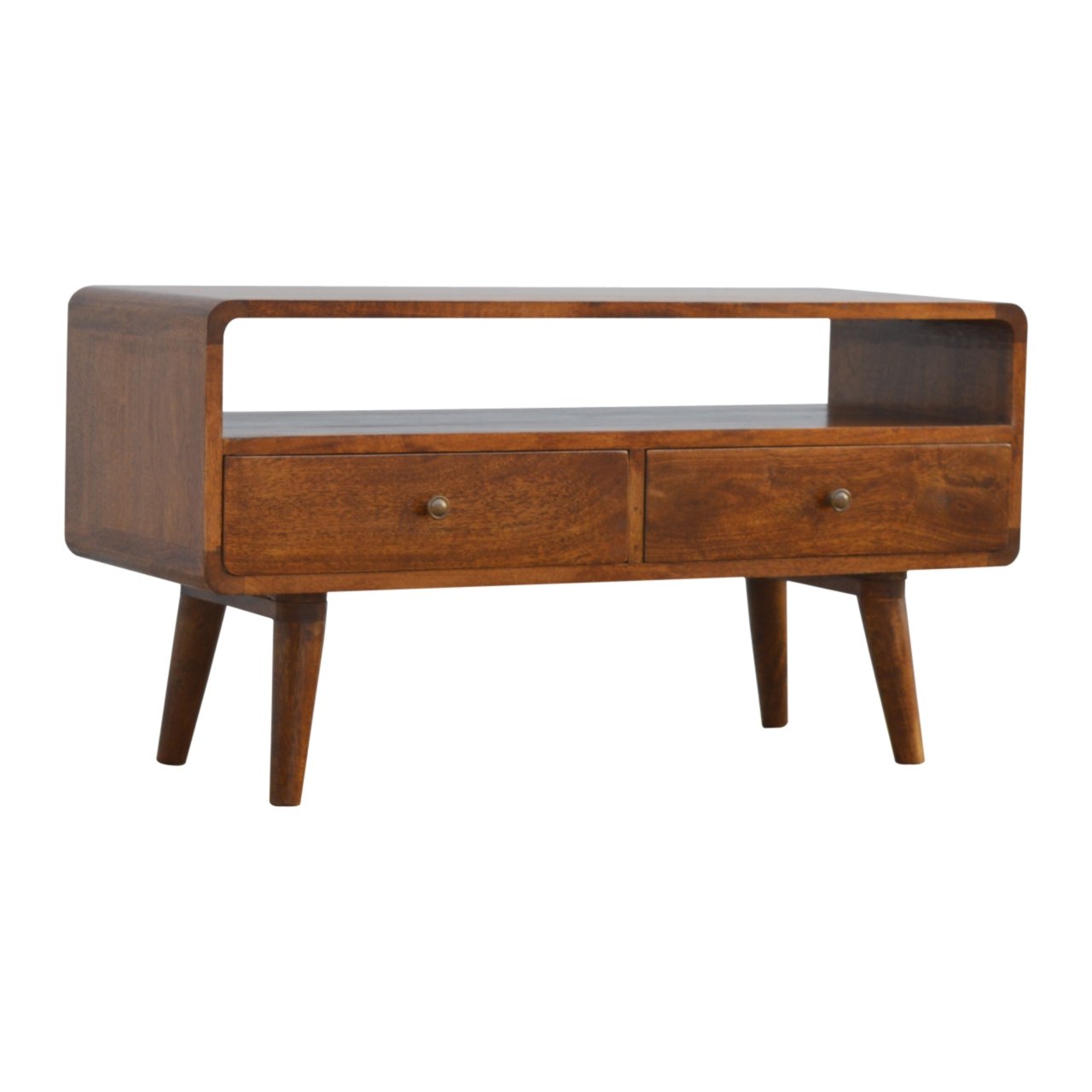 Contemporary Solid Mango Wood TV Unit – Chestnut Finish, 2 Drawers