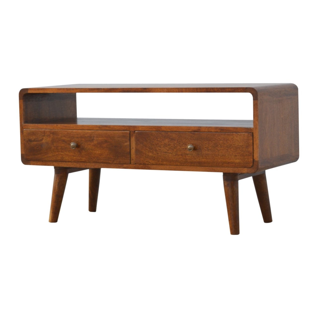 Contemporary Solid Mango Wood TV Unit – Chestnut Finish, 2 Drawers