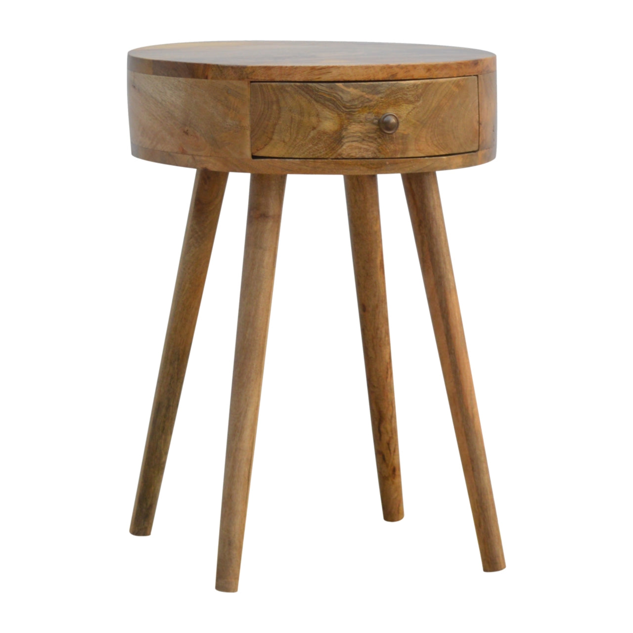 Handcrafted Solid Mango Wood Bedside Table – Chestnut Finish, Circular Design