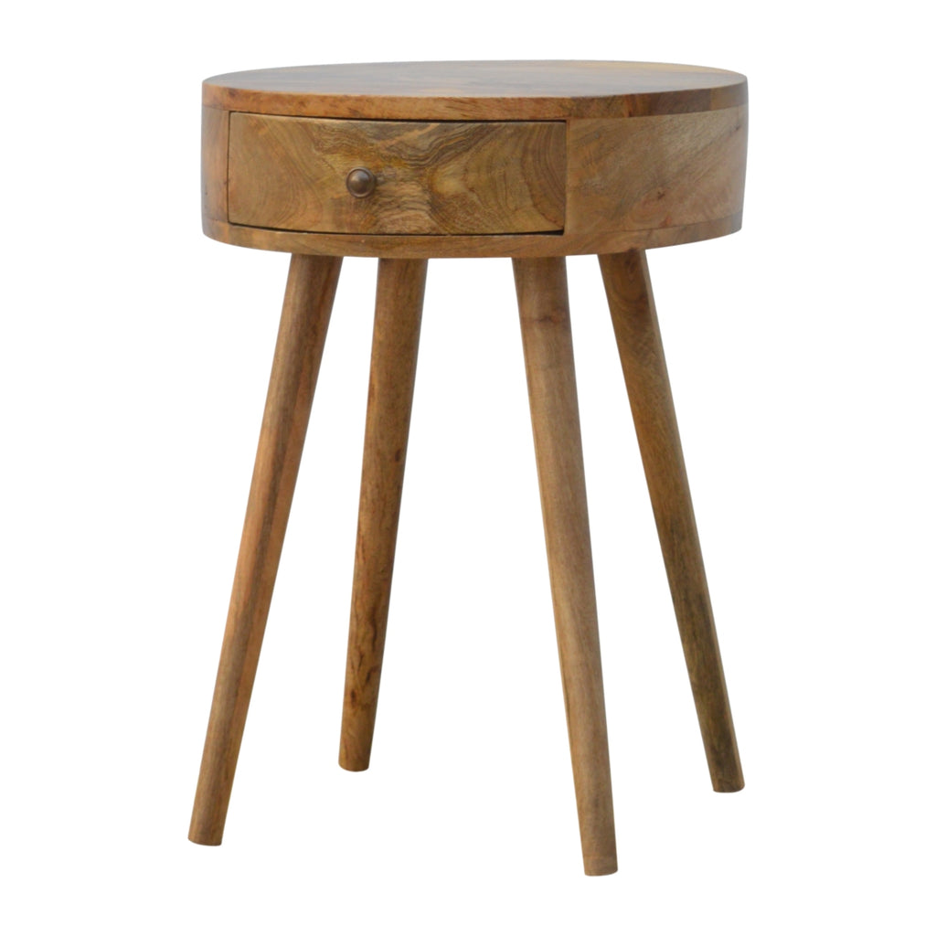 Handcrafted Solid Mango Wood Bedside Table – Chestnut Finish, Circular Design