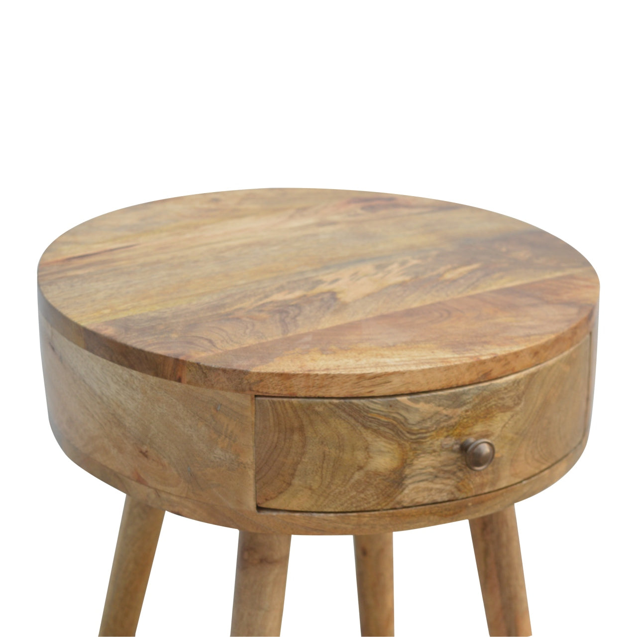 Handcrafted Solid Mango Wood Bedside Table – Chestnut Finish, Circular Design